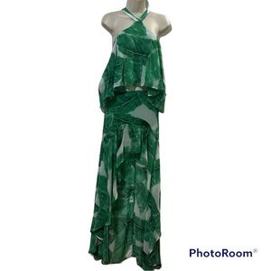 Olivaceous Green and White Asymmetrical Maxi Skirt Set